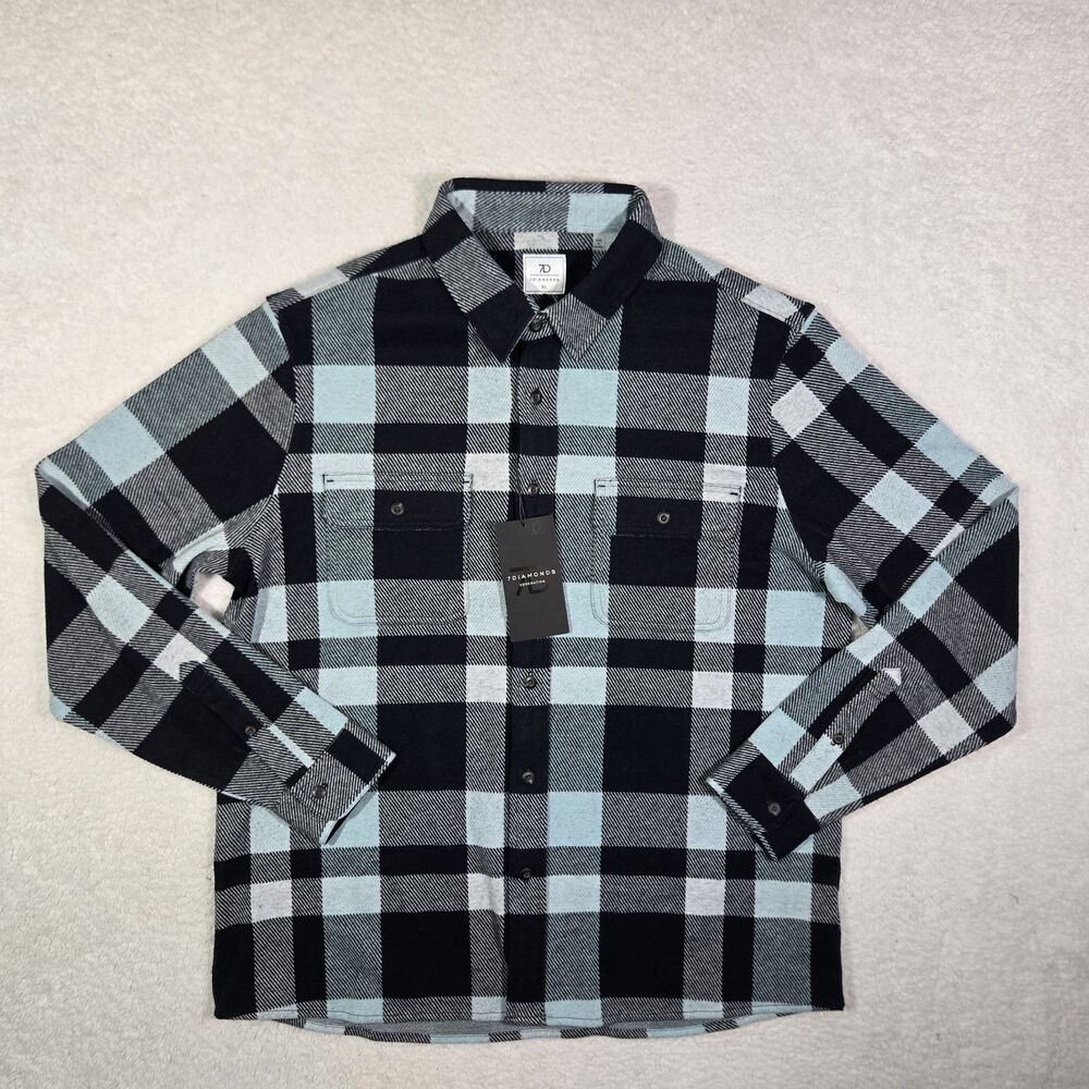 7 Diamonds Generation 4 Way Stretch Flannel Button Shirt Navy Blue Plaid Mens XL